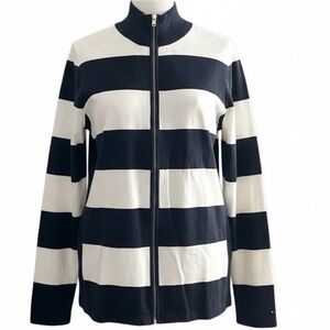 Tommy Hilfiger Womens Navy Cream Striped Zip Sweater Nautical Preppy Coastal L‎